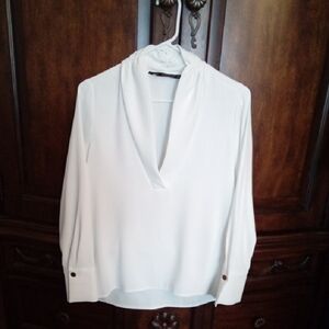 Zara Women's Ivory Ruched Draped V-Neckline Blouse With Long Sleeves